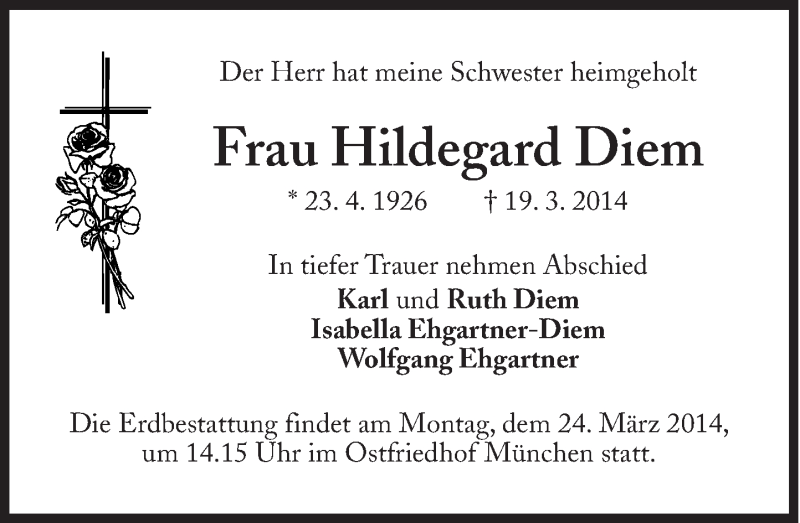  Traueranzeige für Hildegard Diem vom 22.03.2014 aus Süddeutsche Zeitung
