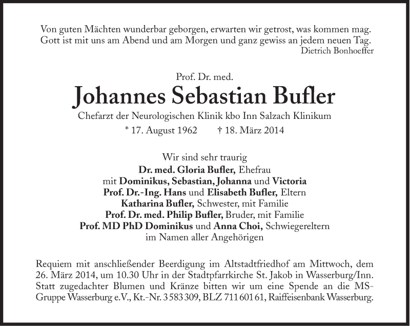  Traueranzeige für Johannes Sebastian Bufler vom 22.03.2014 aus Süddeutsche Zeitung