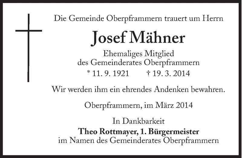  Traueranzeige für Josef Mähner vom 22.03.2014 aus Süddeutsche Zeitung