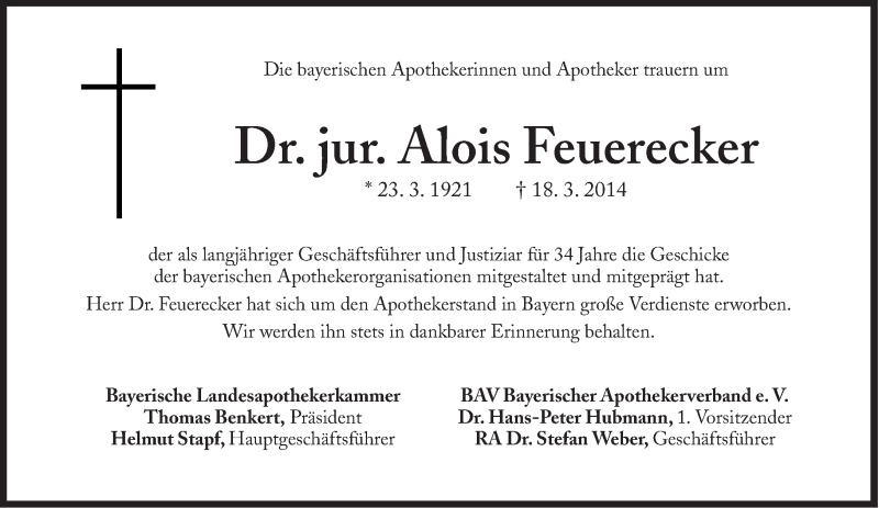  Traueranzeige für Alois Feuerecker vom 22.03.2014 aus Süddeutsche Zeitung