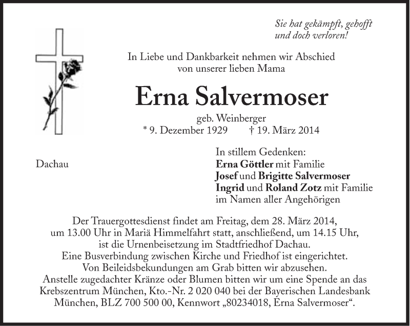  Traueranzeige für Erna Salvermoser vom 22.03.2014 aus Süddeutsche Zeitung