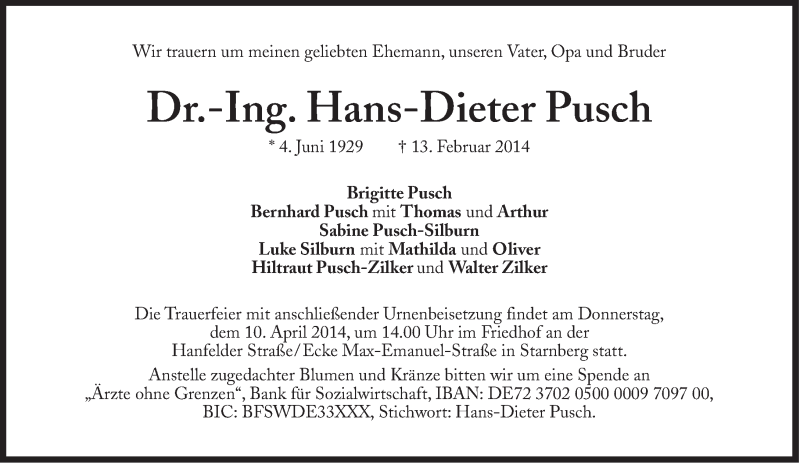  Traueranzeige für Hans-Dieter Pusch vom 05.04.2014 aus Süddeutsche Zeitung