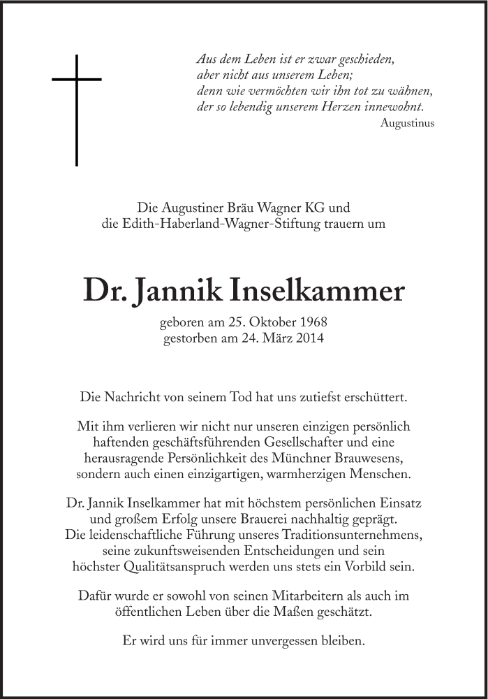  Traueranzeige für Jannik Inselkammer vom 27.03.2014 aus Süddeutsche Zeitung