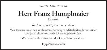 Traueranzeige von Franz Humplmaier von Süddeutsche Zeitung
