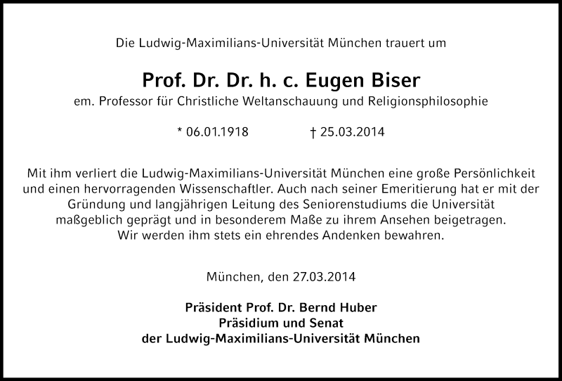  Traueranzeige für Eugen Biser vom 27.03.2014 aus Süddeutsche Zeitung