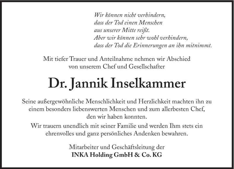  Traueranzeige für Jannik Inselkammer vom 27.03.2014 aus Süddeutsche Zeitung