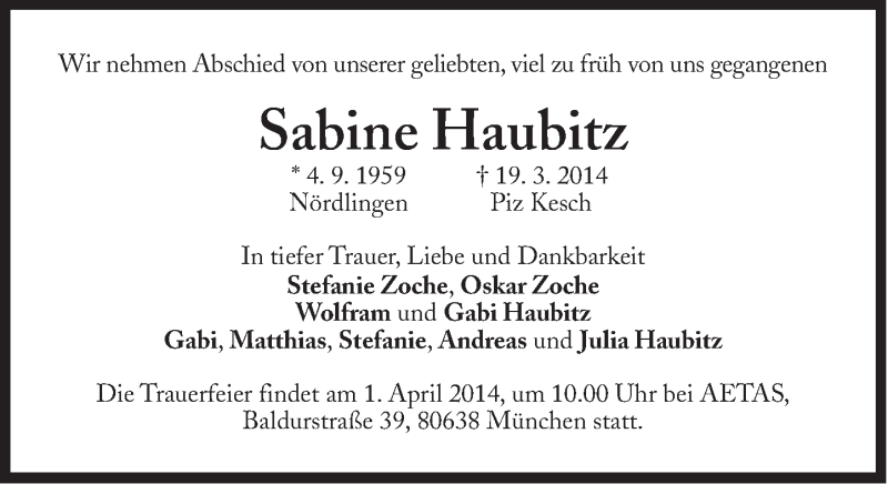  Traueranzeige für Sabine Haubitz vom 28.03.2014 aus Süddeutsche Zeitung
