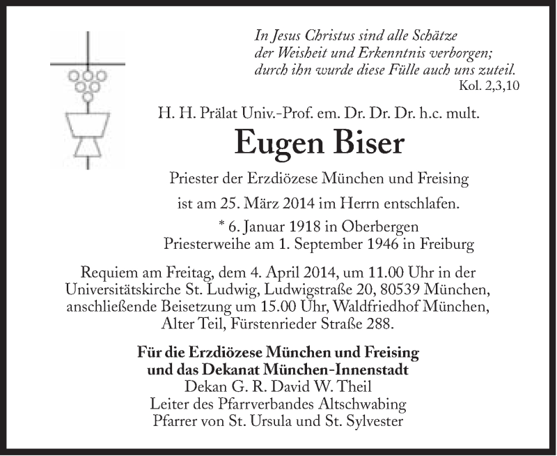  Traueranzeige für Eugen Biser vom 29.03.2014 aus Süddeutsche Zeitung