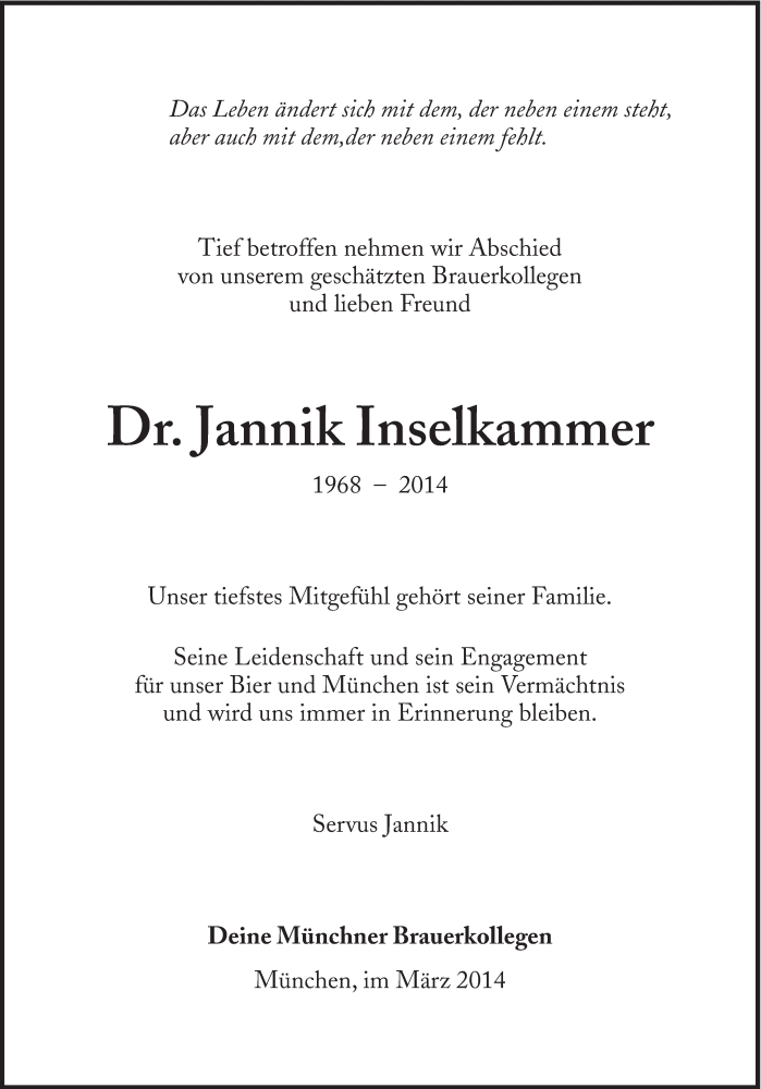  Traueranzeige für Jannik Inselkammer vom 29.03.2014 aus Süddeutsche Zeitung