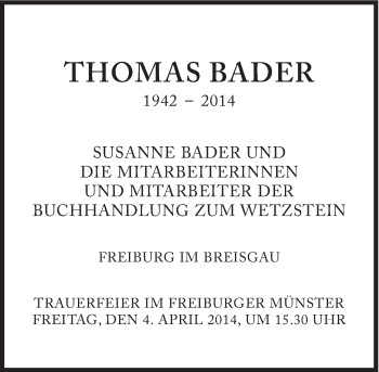 Traueranzeige von Thomas Bader von Süddeutsche Zeitung