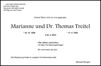 Traueranzeige von Marianne und Thomas Treitel von Süddeutsche Zeitung