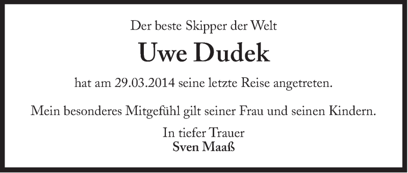  Traueranzeige für Uwe Dudek vom 01.04.2014 aus Süddeutsche Zeitung