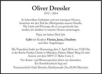 Traueranzeige von Oliver Dressier von Süddeutsche Zeitung