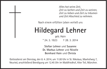 Traueranzeige von Hildegard Lehner von Süddeutsche Zeitung