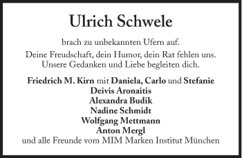 Traueranzeige von Ulrich Schwele von Süddeutsche Zeitung