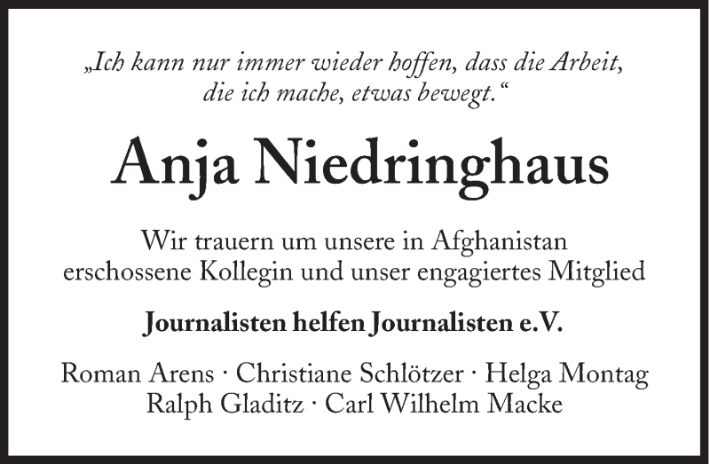  Traueranzeige für Anja Niedringhaus vom 07.04.2014 aus Süddeutsche Zeitung