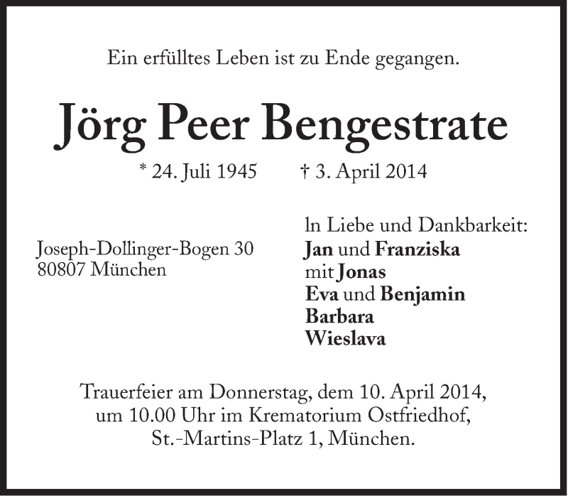  Traueranzeige für Jörg Peer Bengestrate vom 05.04.2014 aus Süddeutsche Zeitung