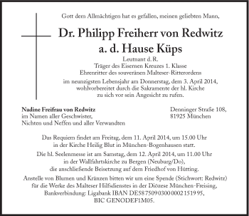 Traueranzeige von Philipp Freiherr von Redwitz von Süddeutsche Zeitung