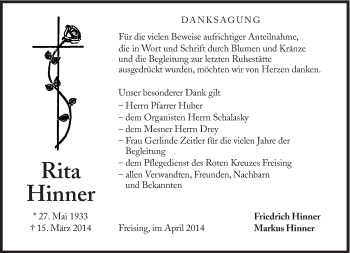 Traueranzeige von Rita Hinner von Süddeutsche Zeitung