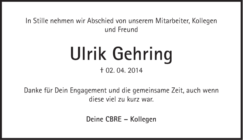  Traueranzeige für Ulrik Gehring vom 08.04.2014 aus Süddeutsche Zeitung