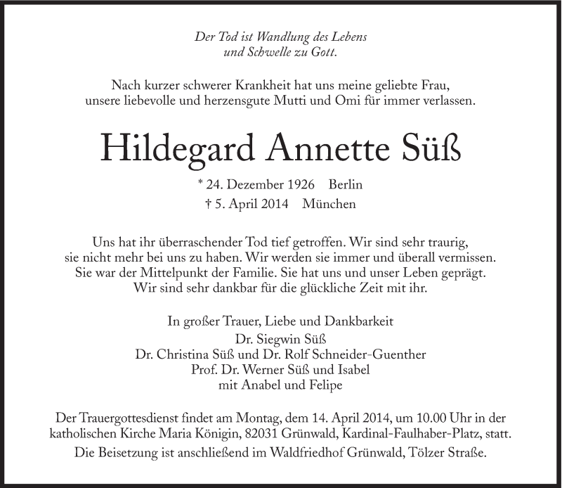 Traueranzeigen Von Hildegard Annette Süß Sz Gedenkende