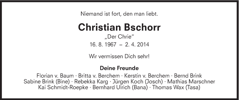  Traueranzeige für Christian Bschorr vom 12.04.2014 aus Süddeutsche Zeitung