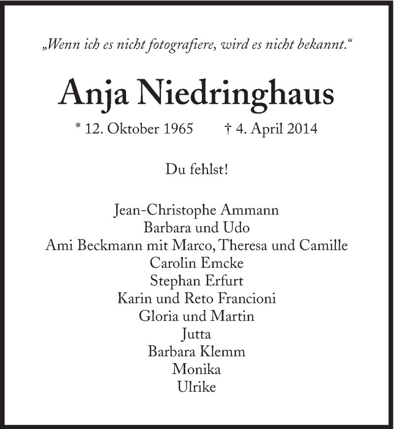  Traueranzeige für Anja Niedringhaus vom 12.04.2014 aus Süddeutsche Zeitung