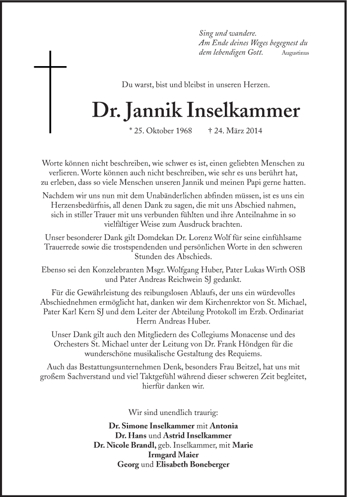  Traueranzeige für Jannik Inselkammer vom 12.04.2014 aus Süddeutsche Zeitung