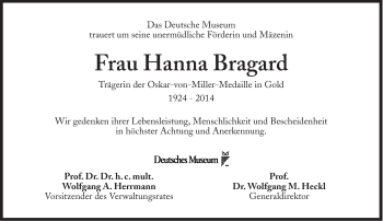 Traueranzeige von Hanna Bragard von Süddeutsche Zeitung