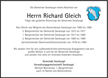 Traueranzeige von Richard Gleich von Süddeutsche Zeitung