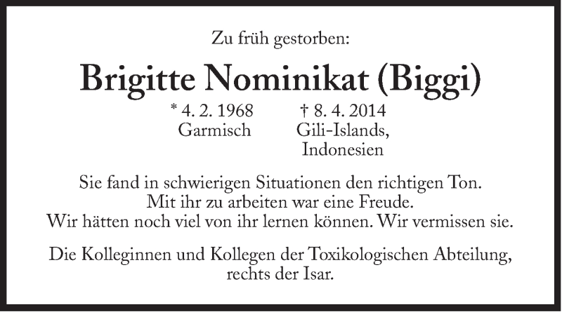  Traueranzeige für Brigitte Nominikat vom 15.04.2014 aus Süddeutsche Zeitung