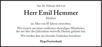 Traueranzeige von Emil Hemmer von Süddeutsche Zeitung