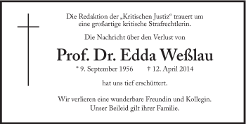 Traueranzeige von Edda Prof. Dr. Weßlau von Süddeutsche Zeitung