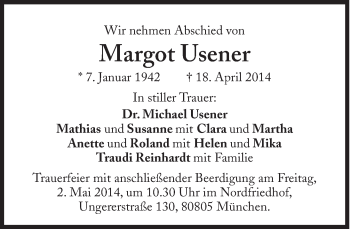 Traueranzeige von Margot Usener von Süddeutsche Zeitung