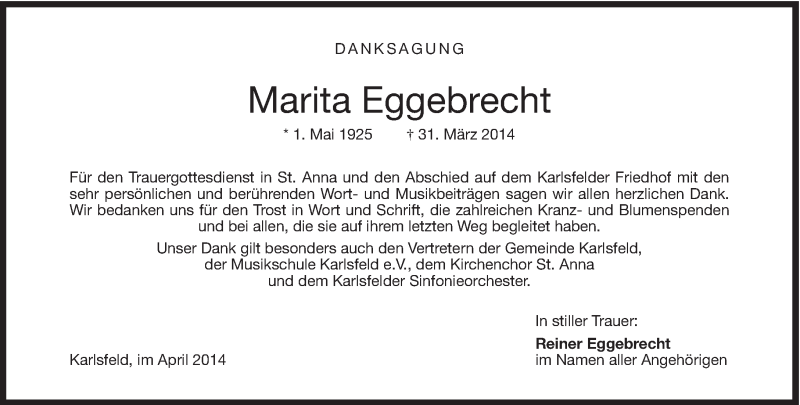  Traueranzeige für Marita Eggebrecht vom 30.04.2014 aus Süddeutsche Zeitung