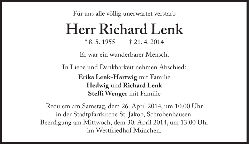  Traueranzeige für Richard Lenk vom 24.04.2014 aus Süddeutsche Zeitung