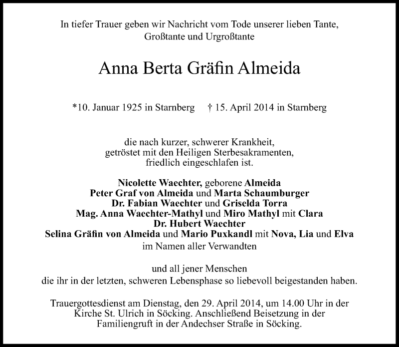  Traueranzeige für Anna Berta Almeida vom 26.04.2014 aus Süddeutsche Zeitung