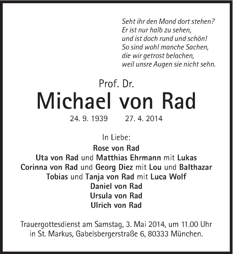 Traueranzeige für Michael von Rad vom 30.04.2014 aus Süddeutsche Zeitung