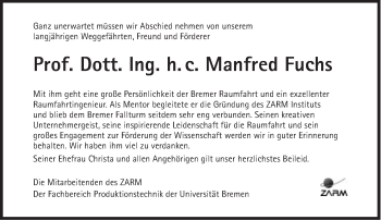 Traueranzeige von Manfred Fuchs von Süddeutsche Zeitung