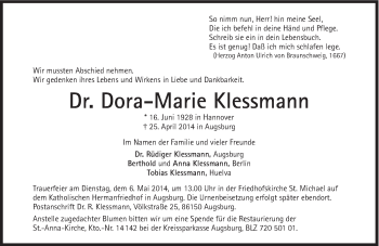 Traueranzeige von Dora-Marie Klessmann von Süddeutsche Zeitung