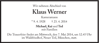 Traueranzeige von Klaus Werner von Süddeutsche Zeitung