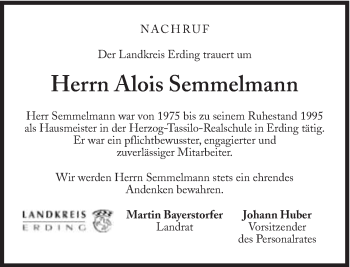 Traueranzeige von Alois Semmelmann von Süddeutsche Zeitung