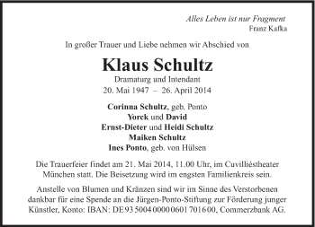 Traueranzeige von Klaus Schultz von Süddeutsche Zeitung