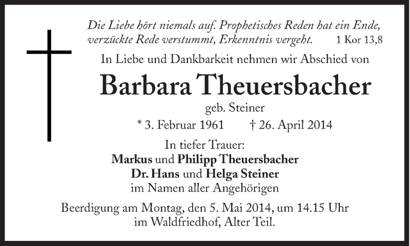  Traueranzeige für Barbara Theuersbacher vom 03.05.2014 aus Süddeutsche Zeitung