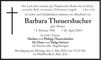 Traueranzeige von Barbara Theuersbacher von Süddeutsche Zeitung