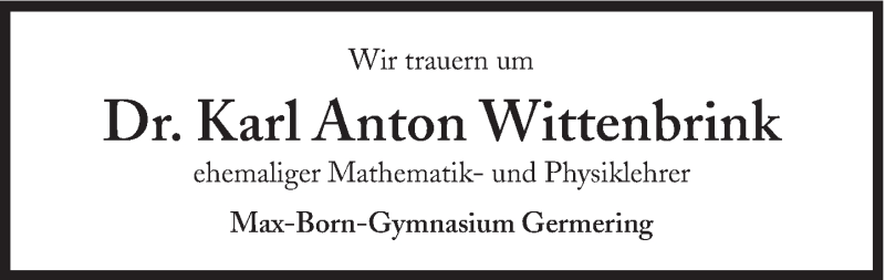  Traueranzeige für Karl Anton Wittenbrink vom 05.05.2014 aus Süddeutsche Zeitung