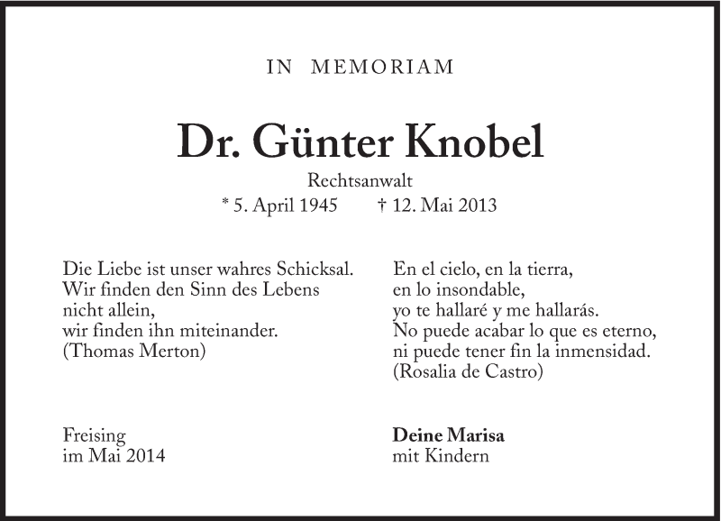  Traueranzeige für Günter Knobel vom 12.05.2014 aus Süddeutsche Zeitung