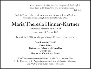 Traueranzeige von Maria Theresia Hinner-Kärtner von Süddeutsche Zeitung