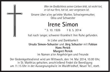 Traueranzeige von Irene Simon von Süddeutsche Zeitung