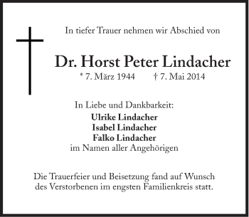 Traueranzeige von Horst Peter Lindacher von Süddeutsche Zeitung